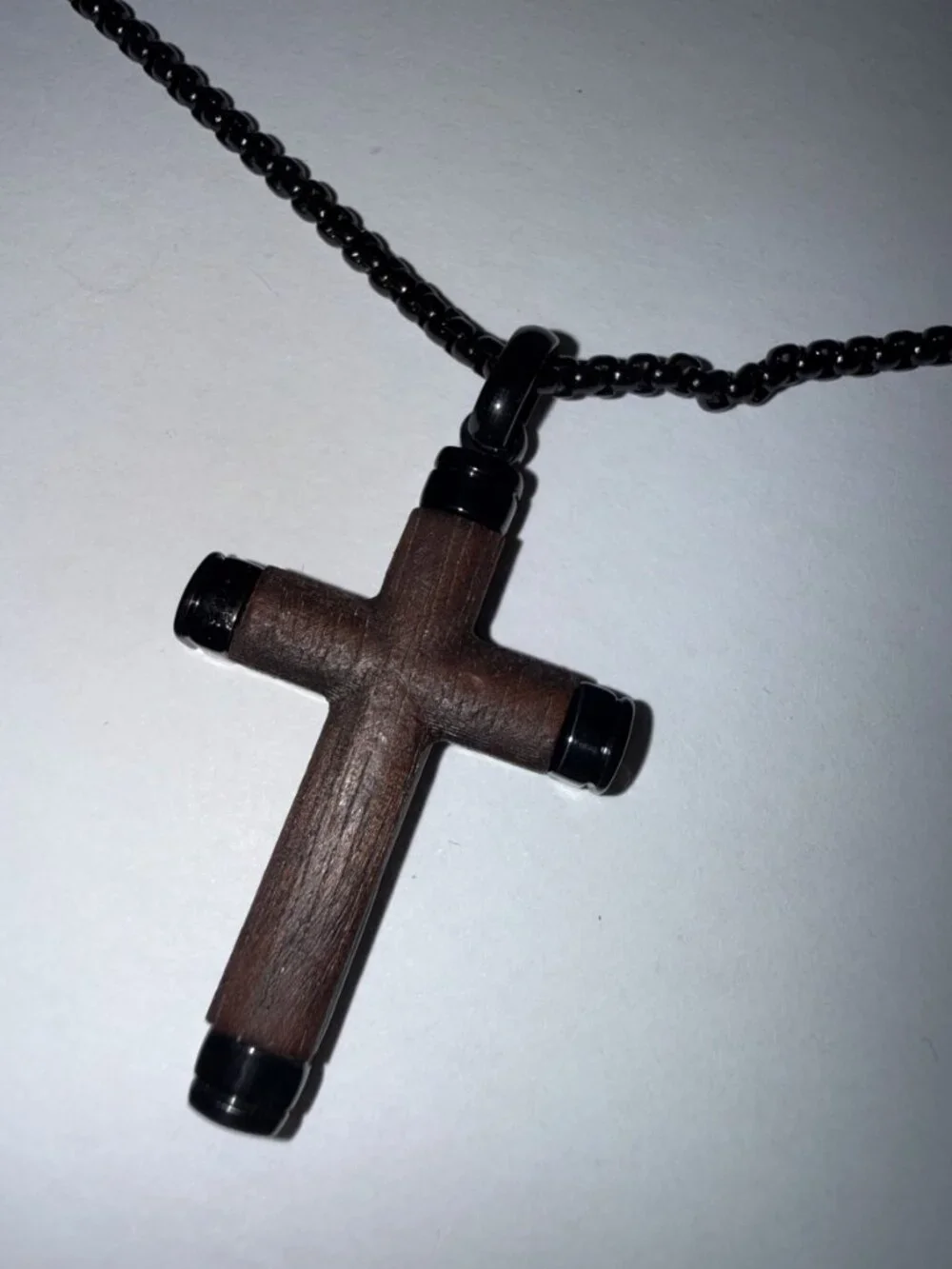 ROPARTMAN Wood and Black Steel Cross Pendant Necklace with Pouch Men's